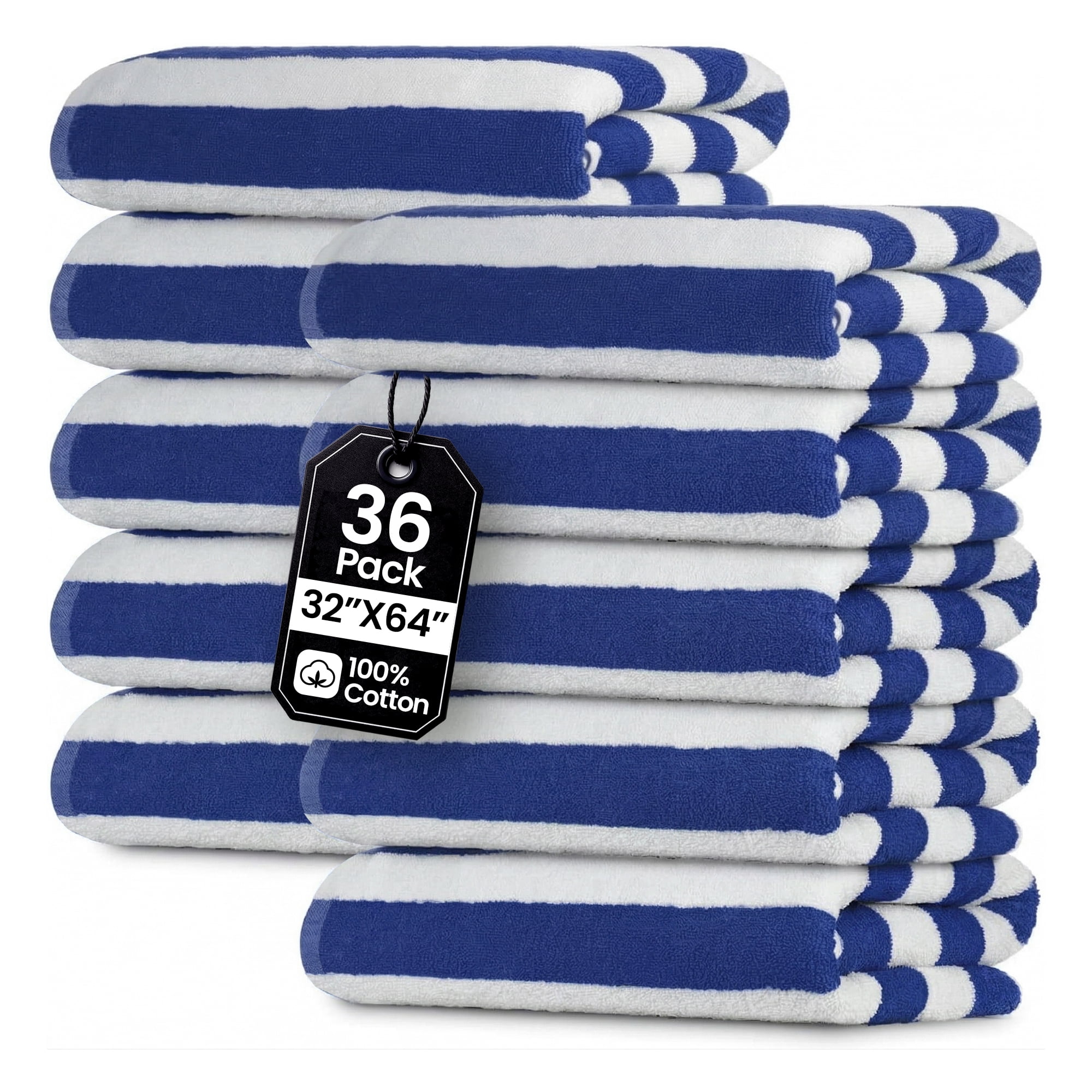 Blue Cabana Stripe Extra Large Bulk Beach Towels 32x64 Pack of 36 - Soft Ringspun 100% Cotton Pool Towels - 3 Dozen Wholesale Pack - Quick Dry, Highly Absorbent – Perfect for Pool, Hotels and Resorts
