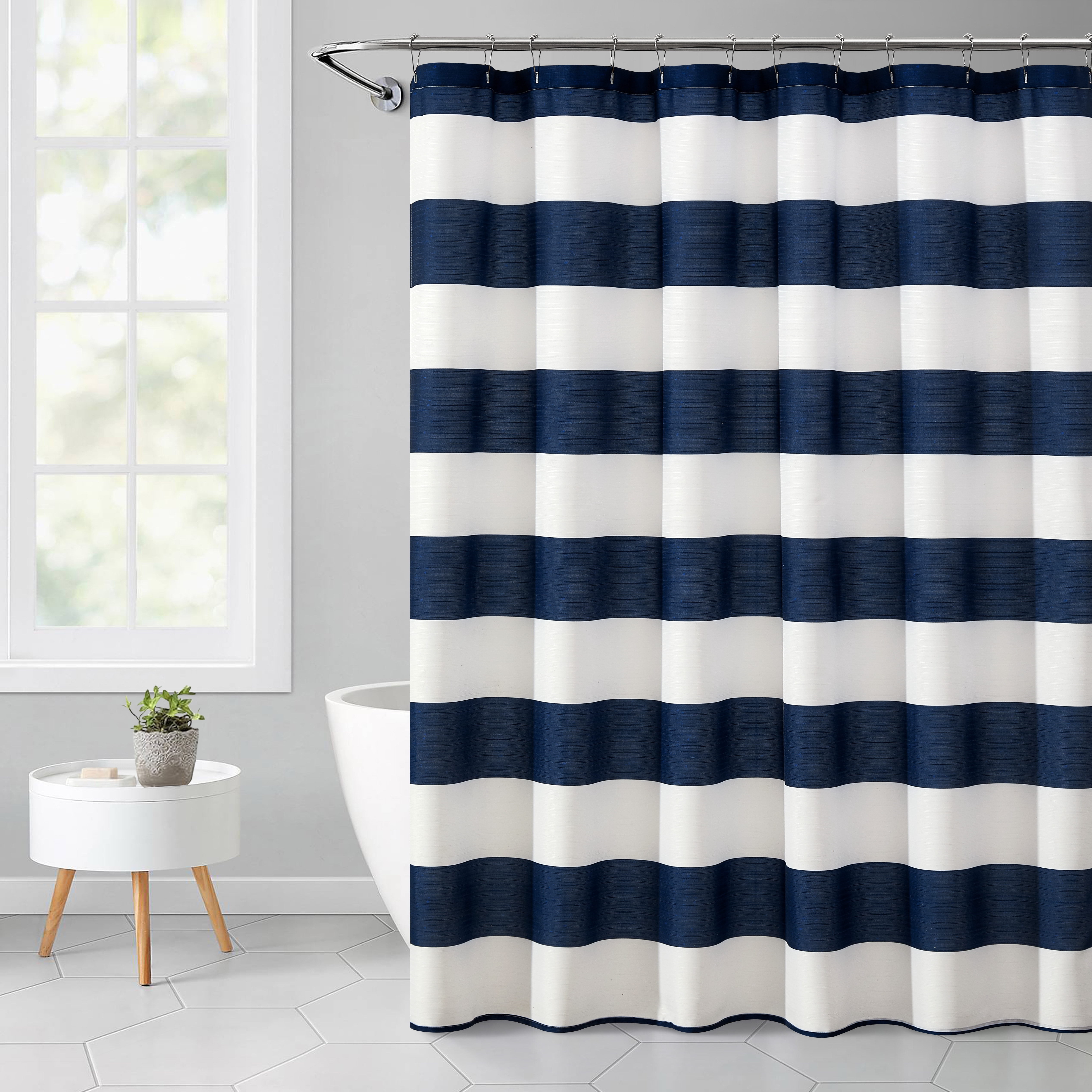 Blue Cabana Striped Printed 72" x 72" Ribbed Textured Shower Curtain + Medium Weight Liners