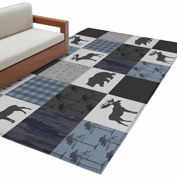 Blue Cabin Check Area Rug 3x5 FT, Non Slip Entryway Bedside Carpet, Rustic Bear Elk Farmhouse Buffalo Plaid Washable Soft Floor Carpet Indoor Mat Non-Shedding Throw Rug for Dorm Kitchen Home Office