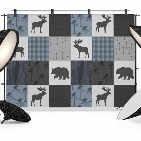 Blue Cabin Check Backdrop for Photoshoot,Photography Photo Studio Background Wall Backdrop,Rustic Bear Elk Farmhouse Buffalo Plaid Back Drop Banner Panel for Portraits Wedding Live Streaming 7x5Ft