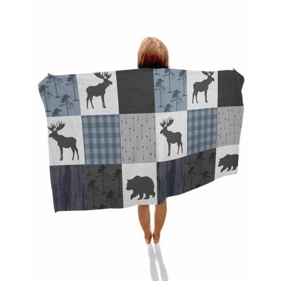 Blue Cabin Check Beach Towels Oversized Super Absorbent, Rustic Bear Elk Farmhouse Buffalo Plaid Lightweight Bath Towel Quick Dry Sets For Bathroom/Pool/Rv Camping/Beach Play/Gym Room/Picnic 23"x47"