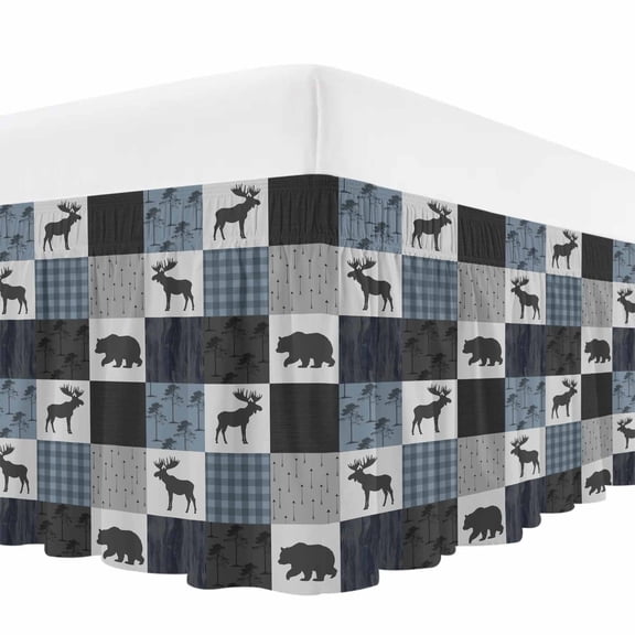 Blue Cabin Check Bed Skirt Queen Size,Rustic Bear Elk Farmhouse Buffalo Plaid Wrap Around Bed Skirting with Adjustable Elastic Strap,Dust Ruffle Pleated Bedskirts 16 Inch Drop for Bedroom Queen Beds