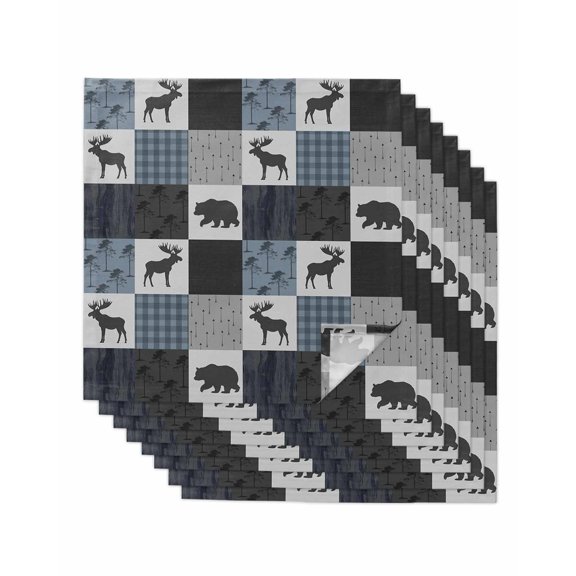 Blue Cabin Check Cloth Napkins Set of 8 Reusable Dinner Napkins, Rustic Bear Elk Farmhouse Buffalo Plaid Cocktail Napkin Washable Table Napkins for Wedding/Holiday Party/Baby Shower 20"x20"