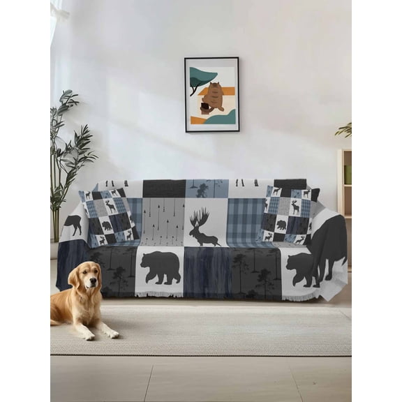 Blue Cabin Check Couch Cover Sofa Covers 3 Cushion Sectional Couch, Rustic Bear Elk Farmhouse Buffalo Plaid Washable Sofa Covers Slipcover Sectional Sofa Cover, Furniture Protector 71"x150"