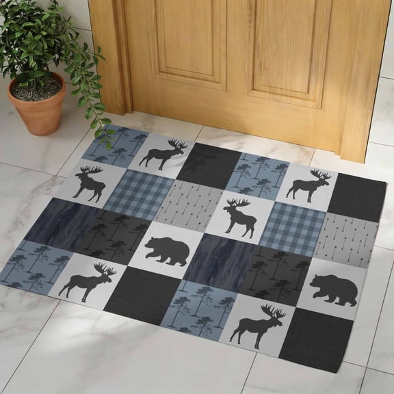 Blue Cabin Check Door Mat, Non Slip Bathroom Rugs, Rustic Bear Elk Farmhouse Buffalo Plaid Absorbent Floor Mats, Washable Runner Rug Indoor Doormat for Front Door Entrance, Patio, Garage 18"x30"
