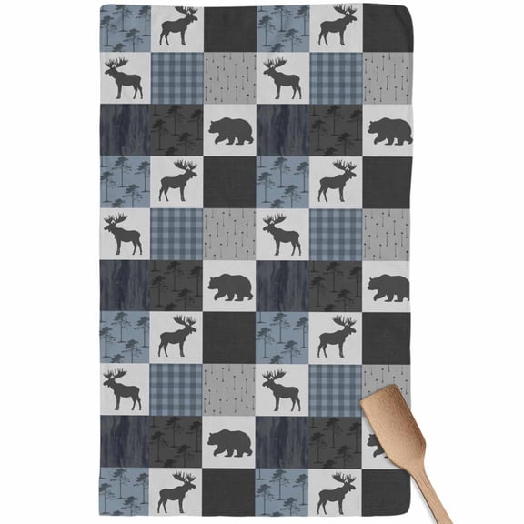 Blue Cabin Check Kitchen Towel Dish Cloths Set of 1, Microfiber Soft Kitchen Hand Towels, Rustic Bear Elk Farmhouse Buffalo Plaid Absorbent Quick Drying Dishcloths 18 x 28 Inches