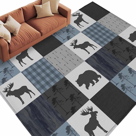 Blue Cabin Check Large Area Rugs for Bedroom Living Room, Soft Non Slip Carpet Bedside Rug, Rustic Bear Elk Farmhouse Buffalo Plaid Rectangle Floor Cover Kitchen Accent Rug 8'x10' for Office
