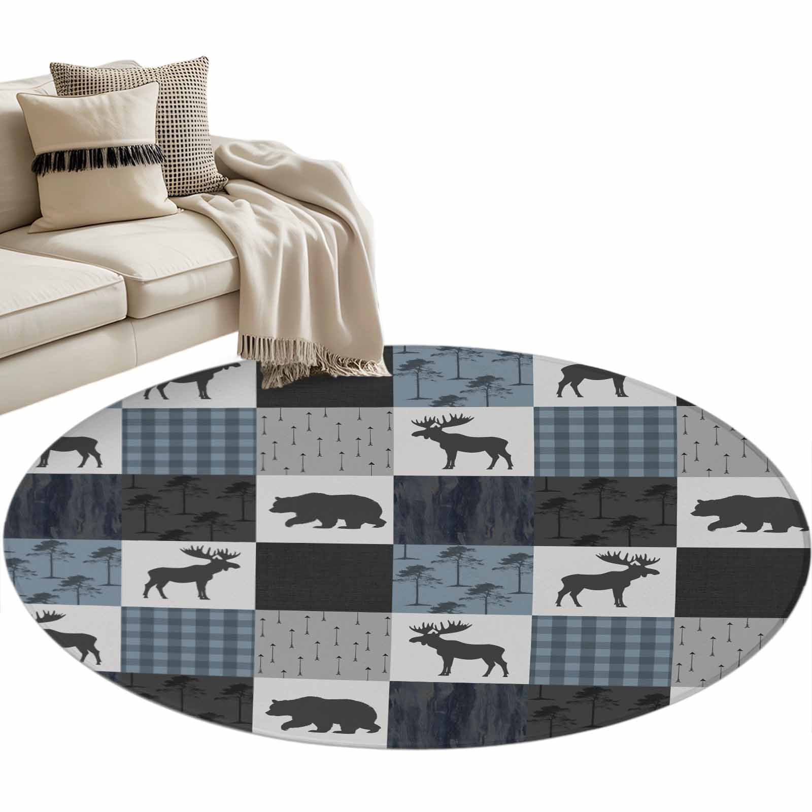 Rustic Elk Rugs Blue Cabin Check Round Area Rug 4ft, Rustic Bear Elk Farmhouse Buffalo ...