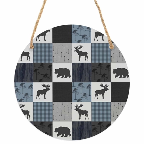 Blue Cabin Check Round Front Door Welcome Sign, 5.9 Inch Wall Hanging Decor for Indoor Outdoor, Rustic Bear Elk Farmhouse Buffalo Plaid Home Porch Hanger Decorations for Holiday Gift