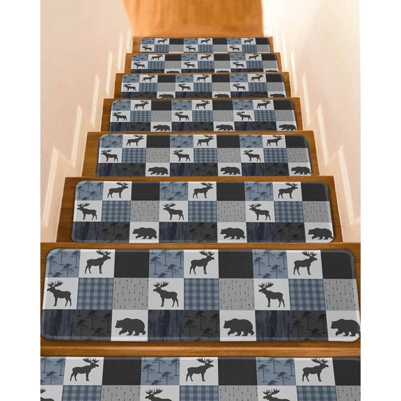 Blue Cabin Check Stair Treads for Wooden Steps Indoor Runner Rug Carpet, Rustic Bear Elk Farmhouse Buffalo Plaid 4 Pieces Peel and Stick Staircase Step Treads Covers Washable Throw Door Mats, 30"x8"
