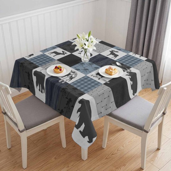 Blue Cabin Check Table Cloth Waterproof Tablecloths, Rustic Bear Elk Farmhouse Buffalo Plaid Tablecloth Dining Table Cover for Kitchen Party Tabletop Outdoor, Square Tablecloth 54x54 Inch