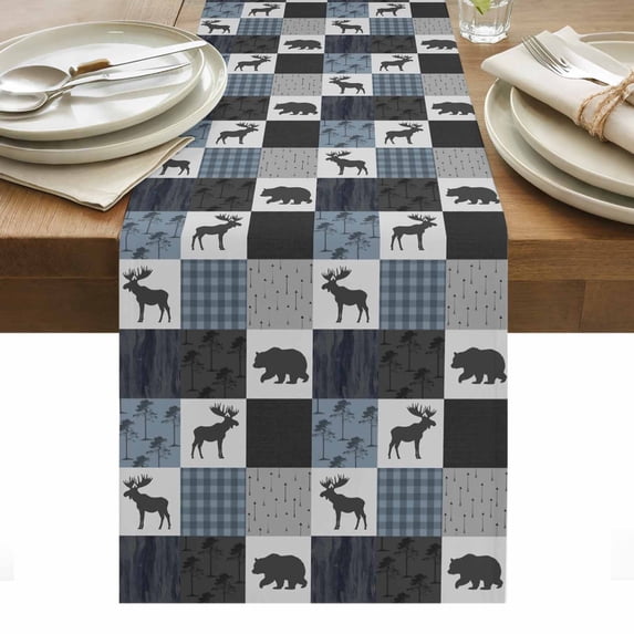 Blue Cabin Check Table Runner - 70 Inch Long, Kitchen Dining Table Runner Dresser Scarves, Rustic Bear Elk Farmhouse Buffalo Plaid Farmhouse Decor for Coffee Tables Wedding Party Banquet