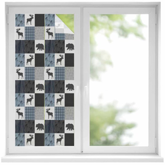 Blue Cabin Check Window Privacy Film, Rustic Bear Elk Farmhouse Buffalo Plaid Static Cling UV Sun Blocking Heat Control Window Tint, Non-Adhesive One Way Windows Privacy Cover 19.6''x39.3''