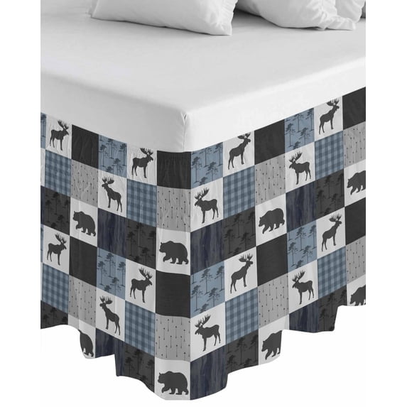 Blue Cabin Check Wrap Around Bed Skirts for King Bed 18" Drop,Bed Skirt with Adjustable Elastic Belt Dust Ruffle Bed Valance for Bedroom Hotel Rustic Bear Elk Farmhouse Buffalo Plaid Bed Frame Cover