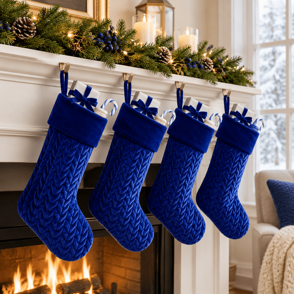 Blue Cable Knit Christmas Stockings, 4 Pack, 13.70 x 8.70 x 2.40 Inches