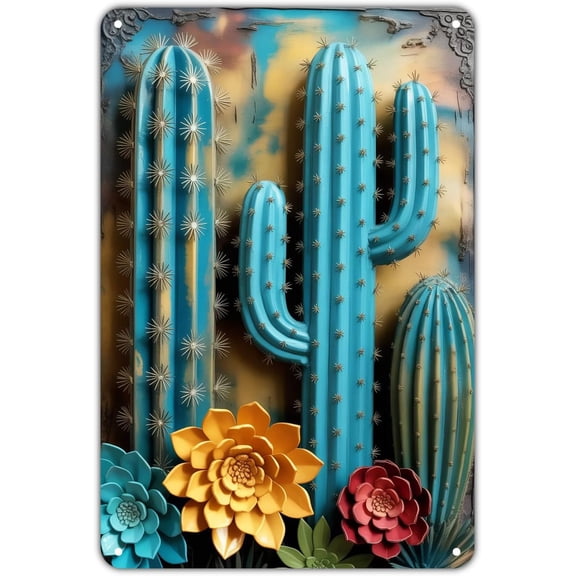 Blue Cactus tin sign Vintage Desert Succulent Art Metal Sign for Garden Yard Cafe Porch Home Kitchen Outdoor Wall Decor Gift 8 x 8 in