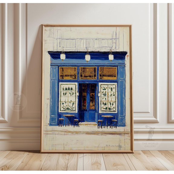 Blue Cafe Poster European Street Wall Art Print Shopfront Illustration Decor 3