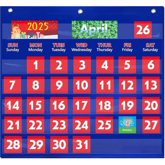 Blue Calendar Pocket Chart with 76 Cards,(68 Illustrated Activity Cards, 8 Dry Erasable Flash Cards and 3 Hooks)