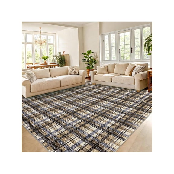 Blue Camel-2*6 feet Modern Plaid Machine Washable Area Rug Non Slip Non Shedding Throw Rugs Stain Resistant Pet Friendly For Bedroom Living Room Low Pile Ultra Thin Flodable Indoor Carpet For Dining