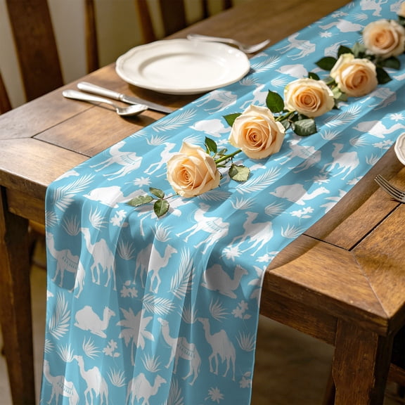 Blue Camel 4.5 ft Cheesecloth Table Runner for Wedding 19"x55", Country Watercolor Date Palm Trees Leaf Flower Kitchen Dinner Sheer Tulle Chiffon Dresser Scarf, Holiday Party Decorations