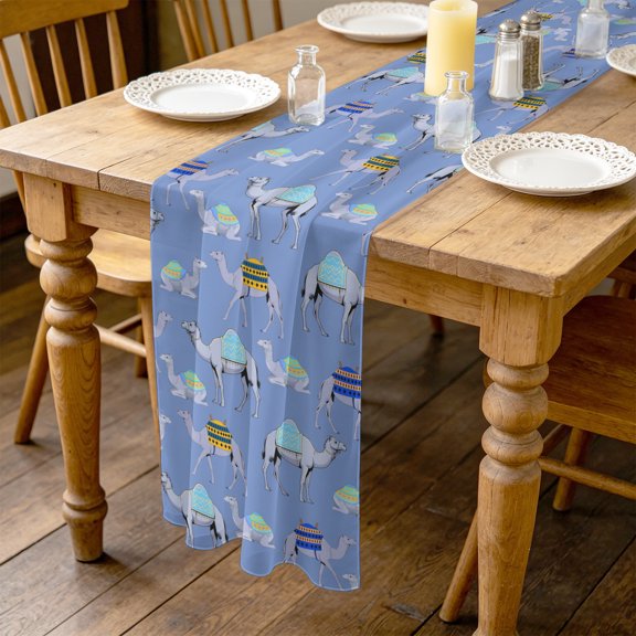 Blue Camel 4.5ft Cheesecloth Table Runner for Dining 19"x55", Exotic Cute Cartoon Camels Wild Animal Desert Landscape Kitchen Dinner Sheer Tulle Chiffon Dresser Scarf, Holiday Party Decorations