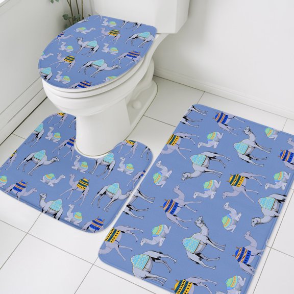 Blue Camel Bathroom Rugs Set Exotic Cute Cartoon Camels Wild Animal Desert Landscape Non Slip Absorbent Soft Bath Mats 3 Piece Set with Bathroom Rug, U-Shaped Floor Mat, Toilet Seat Cover Small Size