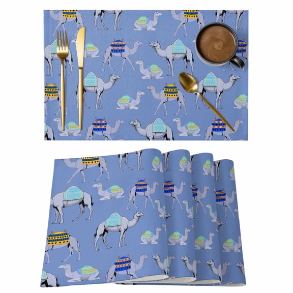 Blue Camel Cotton Linen Placemats Set of 1, Exotic Cute Cartoon Camels Wild Animal Desert Landscape Washable Table Place Mats Heat Insulating Placemat for Dining Room Kitchen Daily Use 13 x 19 Inch