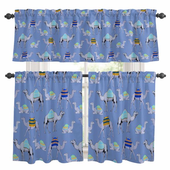 Blue Camel Kitchen Curtains Valances and Tiers Set of 3 Exotic Cute Cartoon Camels Wild Animal Desert Landscape Tier Curtains and Valance with Rod Pocket for Small Windows, 27.5"x24"