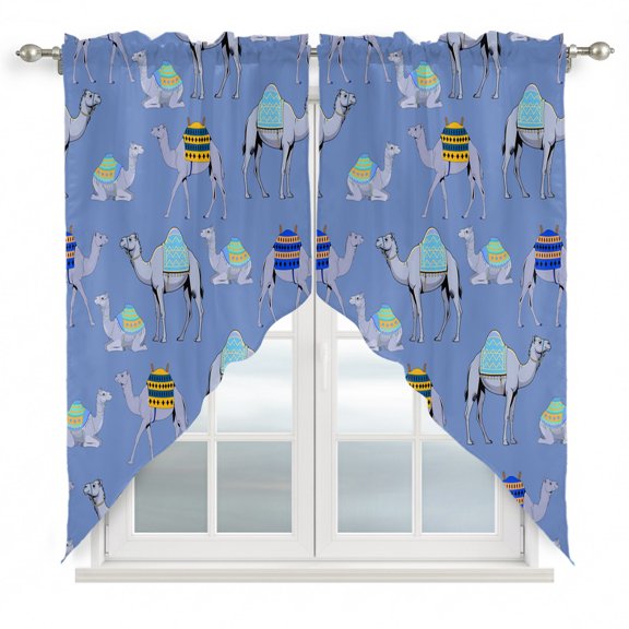 Blue Camel Swag Curtain Valance for Window 2 Panels Exotic Cute Cartoon Camels Wild Animal Desert Landscape Rod Pocket Small Window Swag Valances for Kitchen Bedroom Bathroom 36" W x 36" L