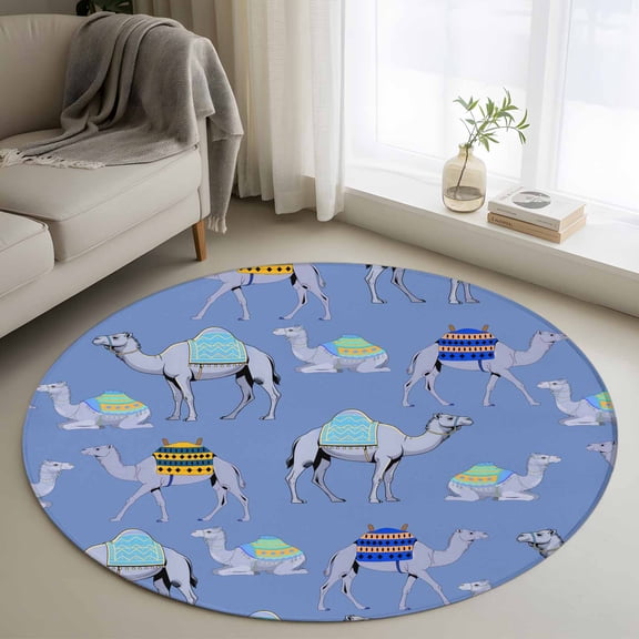 Blue Camels 3ft Area Rug, Modern Watercolor Cute Funny Animals Washable Non-Slip Small Round Rugs for Entryway Bedroom Kitchen, Soft Circle Carpet for Dining Room, Playroom Nursery Rug