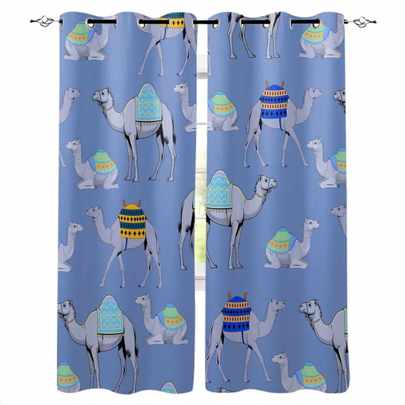 Blue Camels Black Out Curtains 63 Inch Long, Room Darkening Draperies Curtains Panels, Modern Watercolor Cute Funny Animals Thermal Insulated Curtain for Bedroom Living Room 52"x63" 2 Panels