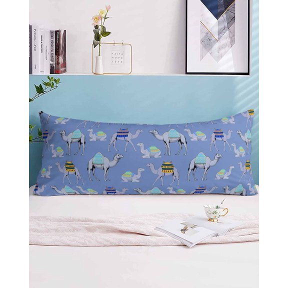 Blue Camels Body Pillow Case Cover - Microfiber Bed Throw Pillow Covers, Modern Watercolor Cute Funny Animals Decorative Lumbar Pillow Cover with Envelope Closure for Sofa/Travel 20"x54"