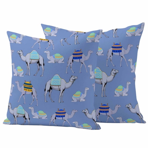 Blue Camels Outdoor Waterproof Pillow Covers, Modern Watercolor Cute Funny Animals Decorative Square Throw Pillowcase Sofa Cushion Sham for Patio/Couch/Chair, 24"x24" 2 Pack
