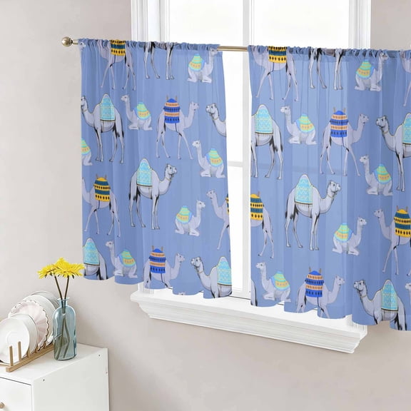 Blue Camels Sheer Curtains 45 Inch Length 2 Panels Set, Modern Watercolor Cute Funny Animals Voile Window Treatment Rod Pocket Small Kitchen Curtains Drapes for Bedroom 52"x45"x2