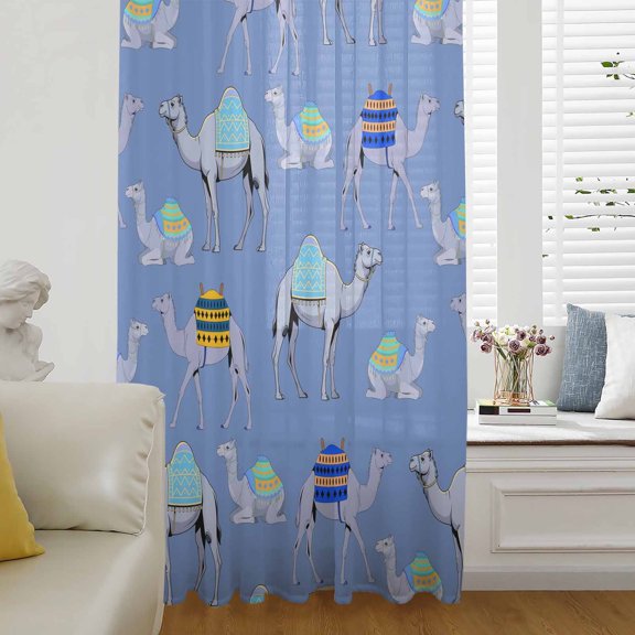 Blue Camels Sheer Curtains 54 Inches Long for Living Room/Bedroom, Modern Watercolor Cute Funny Animals Rod Pocket Voile Kitchen Curtains & Drapes Window Treatment 1 Panel, 52"W x 54"L