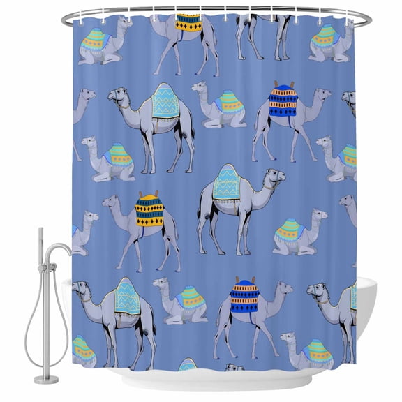 Blue Camels Shower Curtain Set - Standard 72" x 72" Washable Bathtub Curtain with 12 Hooks, Modern Watercolor Cute Funny Animals Waterproof Fabric Stall Shower Curtains for Bathroom/Bathtub Décor