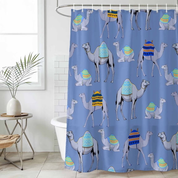 Blue Camels Shower Curtain Set, Waterproof Shower Curtains for Bathroom, Modern Watercolor Cute Funny Animals Washable Fabric Cloth Bath Curtain for Bathtub Decoration with Hooks 72x78 Inches