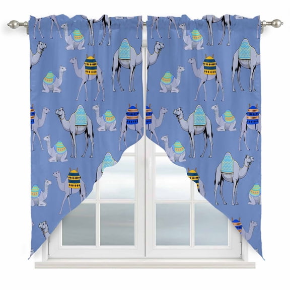 Blue Camels Swag Valances for Windows 2 Pack, Kitchen Window Curtains 36 Inch Length, Modern Watercolor Cute Funny Animals Privacy Swag Curtains for Living Room/Bathroom with Rod Pocket 36"x36"