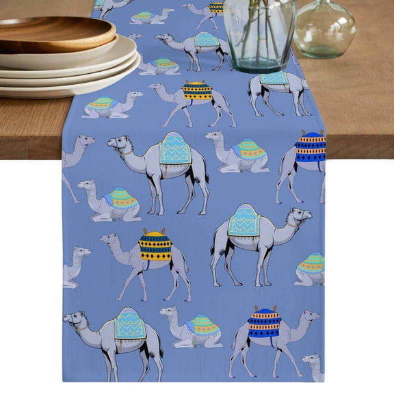Blue Camels Table Runner, Modern Watercolor Cute Funny Animals Washable Cotton Linen Table Runners 48 Inches Long, Dresser Scarf Runner for Nightstand/Coffee/End Tables 13''x48''