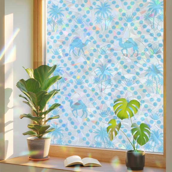 Blue Camels Window Privacy Film, Abstract Date Coconut Tree Aloe Vera Rhombus Rustic Stained Glass Rainbow Film Decorative Window Clings, Static Cling Sun Blocking Stickers 19.6" x 39.3"