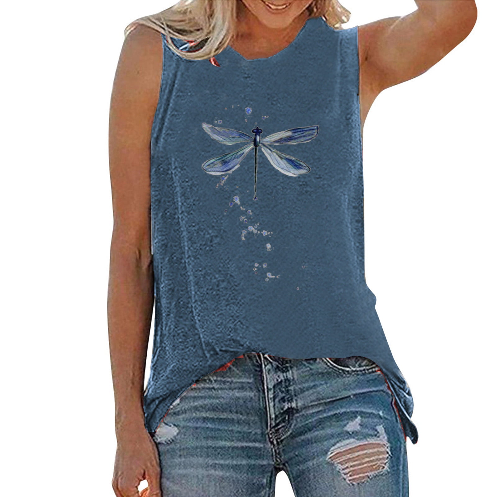MPWEGNP Blue Camisole for Women Summer Tops O-neck Print Sleeveless ...