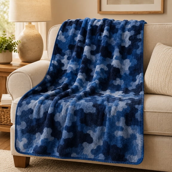 Blue Camo Fleece Throw Blanket 280GSM Soft Polyester – 4 Sizes, Couch & Bed Use