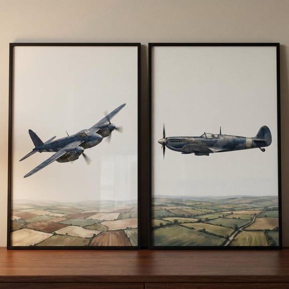 Blue Camo Historic Airplane Wall Art Set of 2 Vintage Aircraft Prints Aviation Nursery Decor Retro Warplane Art 2 Piece Wall Art Set 2