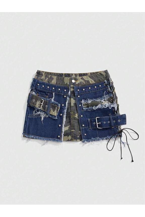 Blue Camo Patchwork Denim Mini Skirt With Studs Belted Pockets