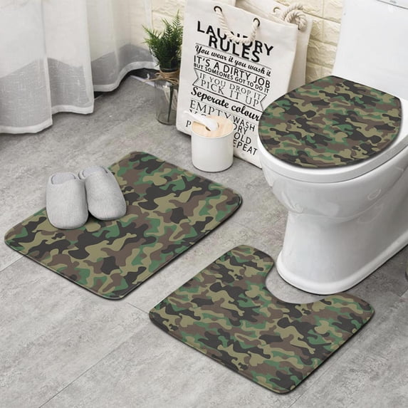Blue Camo Wavy Shapes Pattern Bathroom Rugs Sets 3 Piece,Toilet Cover Set,Absorbent Non Slip Bathroom Mats Sets with U-Shaped Contour Rug Toilet Rug Set