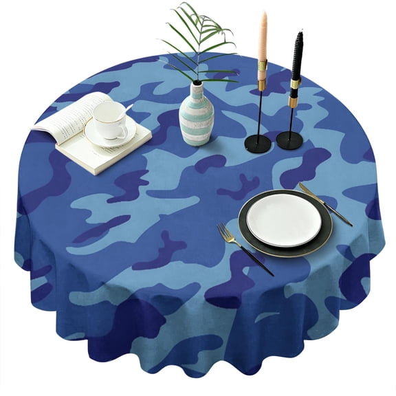 Blue Camo Wavy Shapes Pattern Round Tablecloth 60"x60",Wrinkle Wipeable Table Cloth for Kitchen Dining Room Picnic Patio Party