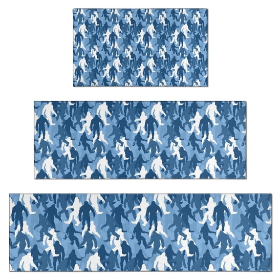 Blue Camouflage Bigfoot Pattern Kitchen Rugs Sets Of 3,Kitchen Runner Rugs Non Skid Washable,Decorative Kitchen Floor Mats for Kitchen,Sink,Laundry,17"x30"+ 17"x47" + 17"x59"