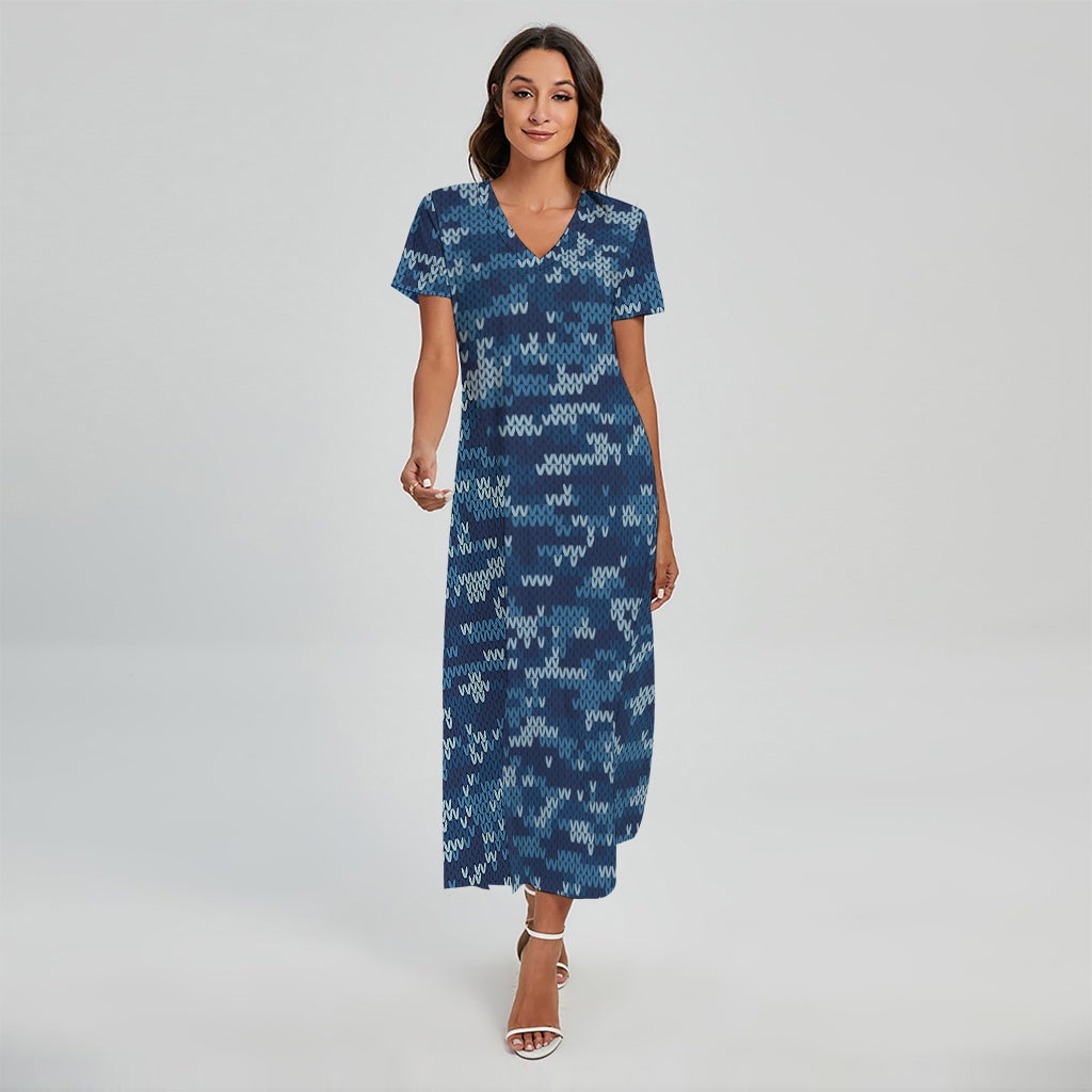 NOBRAND Army Green Digital Camo Pattern Printed Short Sleeve Maxi Dress, Camo Camouflage Fashion Summer Maxi Dress For Women, Women's, Size: Small