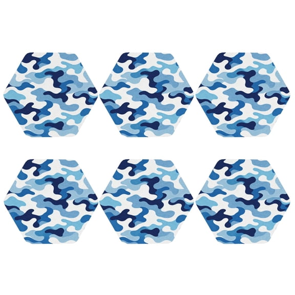Blue Camouflage Leather Drinks Coasters Suitable for Various Cups Set of 6 Hexagon