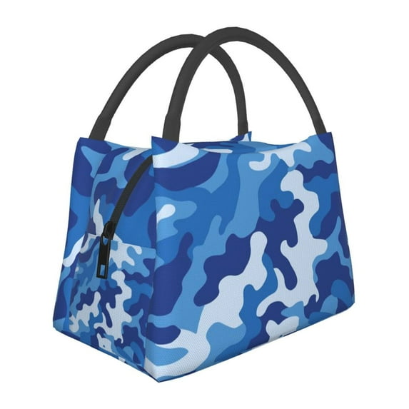 Blue Camouflage Lunch Tote Bag Trendy Lightweight Reusable Stylish Bento Box For Adult
